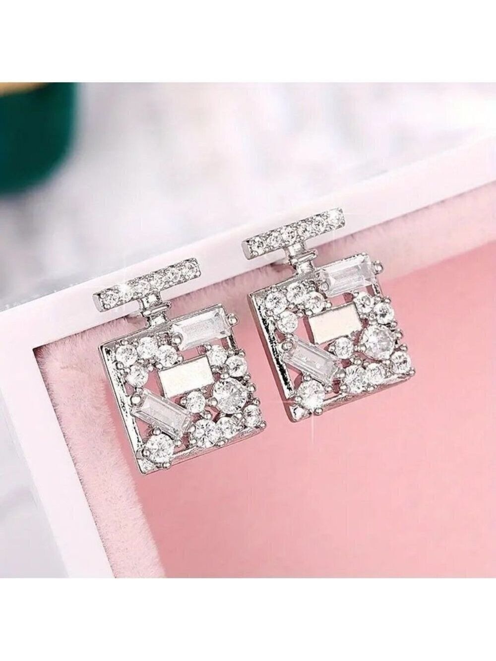 Silver Earrings Stud Square-shaped zircon